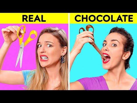 REAL VS CHOCOLATE FOOD CHALLENGE || Last To STOP Eating Wins! Taste Test by 123 GO! CHALLENGE thumbnail