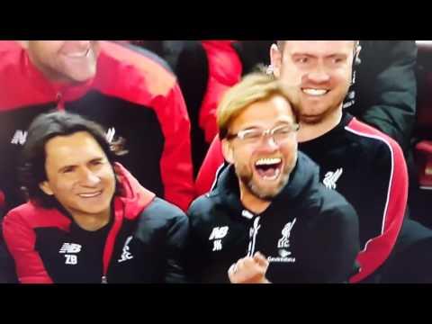 Jurgen Klopp Joking/Reaction to Lucas Leiva Shot and Players Play ~ 4-0 Liverpool vs Everton 4/20/16 thumbnail