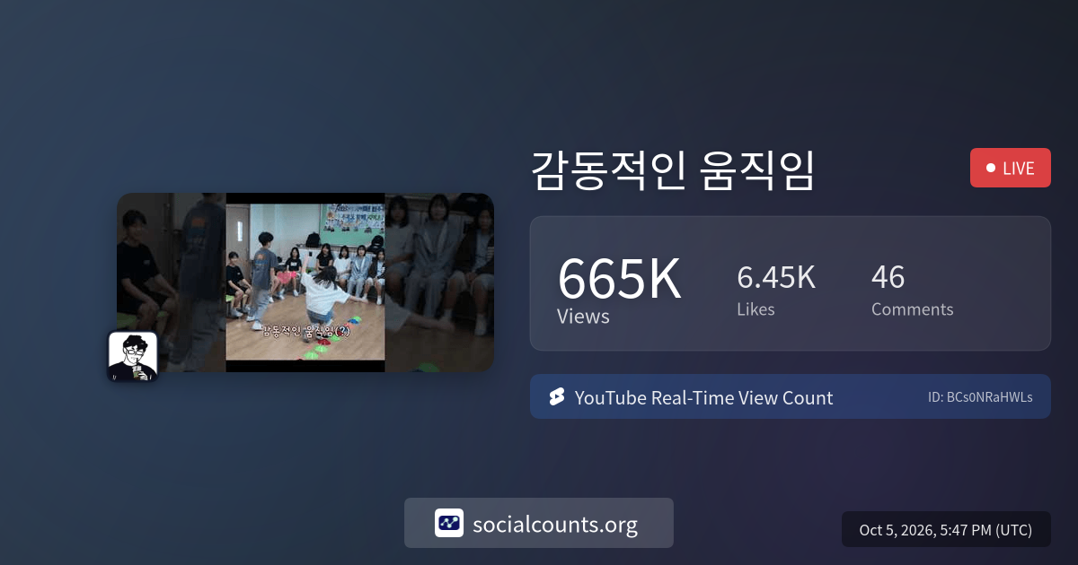 Real-time YouTube live view count tracker displaying emotionally moving movement livestream statistics